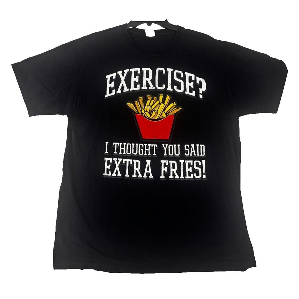 Fruit of the Loom HD Cotton Men’s Large Black Funny Graphic T-Shirt “Exercise?
